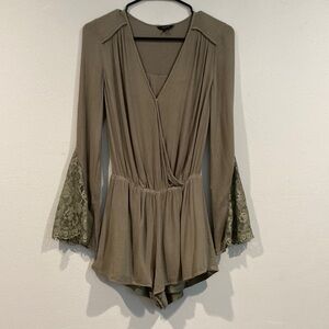 Guess Olive Green Long Sleeve Romper with Lace Butterfly Sleeves - Size XS